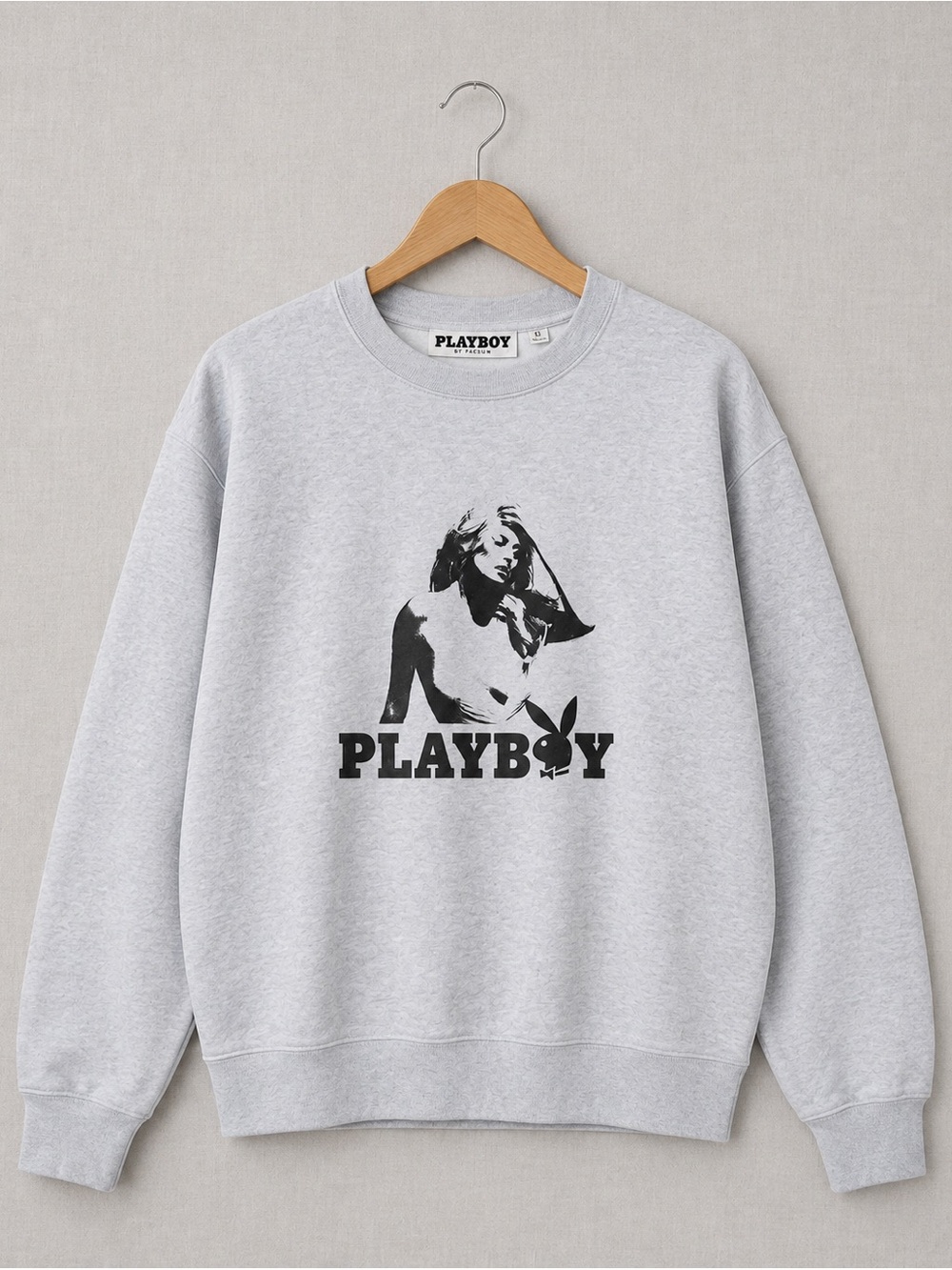PLAYBOY By Pacsun Light Gray Crewneck Sweatshirt with Black Graphic